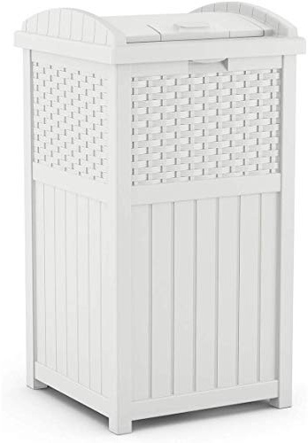 Suncast Hideaway Outdoor Trash Can with Lid - 30 Gallon Trash Can, White, Decorative Wicker-Style Garbage Bin, Weather-Resistant Resin, Fits 30-33 Gallon Bags, Ideal for Patio & Yard, Made in USA