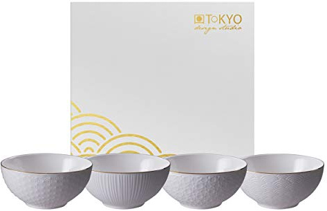 TOKYO design studio Nippon White 4-er Schalen-Set weiß, mit Gold-Rand, Ø 15 cm, 7 cm hoch, ca. 600 ml, asiatisches Porzellan, Japanisches Design, inkl. Geschenk-Verpackung