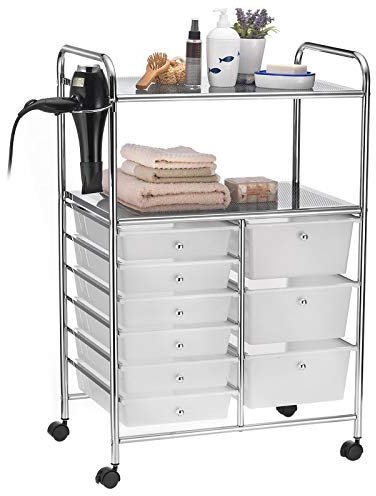 IDIMEX Badezimmerwagen Marita, mit 9 Schubladen Rollwagen, Badregal in weiß, Beistellwagen mit 2 Ablageflächen, Friseurwagen