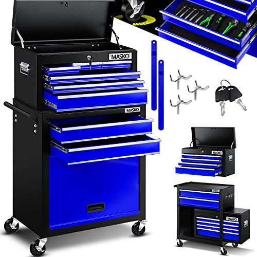 Masko® Carrello da officina con valigetta, 9 scomparti con serratura, Carrello portautensili senza utensili, Carrello portautensili con serratura, Blu