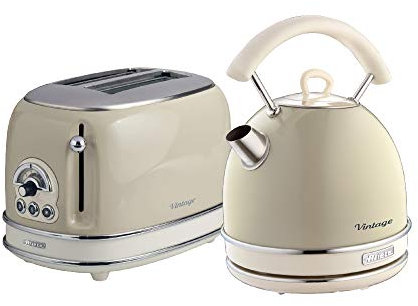 Ariete ARPK10 Retro Style Dome Kettle and 2 Slice Toaster Set, Vintage Design, Beige