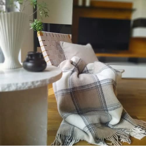 JOWOLLINA WOOLONLY 100% Lammwolle Wolldecke Plaid Karo Schottenmuster Tartan (Chees Beige, 175x210 cm)