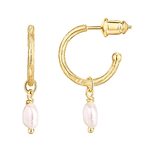 PAVOI 14K Yellow Gold Plated 925 Sterling Silver Post Classic Pearl Dangle Huggie Hoop Earrings For Women - Trendy Pearl Drop Open Hoop Earrings - Cubic Zirconia Small Hinged Hammered Huggies