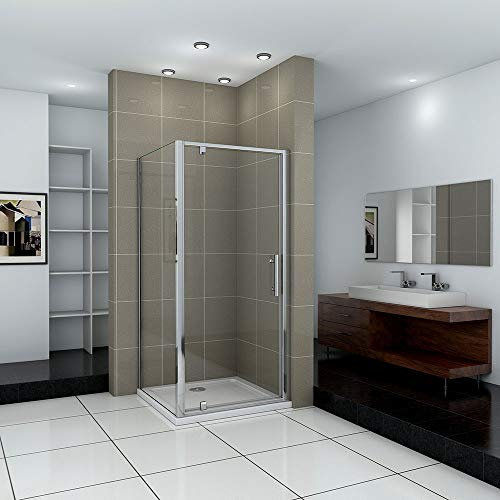 Acezanble 700x900x1850mm Pivot Shower Door Glass Enclosure Walk in Bath Cubicle Side Panel with 900x700mm Stone Tray Free Waste
