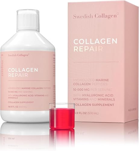 Swedish Collagen - Repair Collagene marino liquido (tipo I e III) I acido ialuronico, biotina, vitamina C I senza zucchero - Fornitura per 40 giorni
