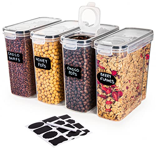 nuovva Cereal Storage Containers – 4Pcs Set Plastic Food Storage Containers – Practical Cereal Dispenser – Food Grade and BPA Free – Durable and Easy to Use – Ideal for Cornflakes, Flour Storage