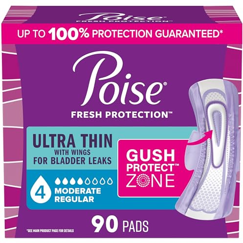 Poise Ultra Thin Incontinence & Postpartum Pads with Wings for Bladder Leaks, 4 Drop Moderate Absorbency, Regular Length, 90 Count, Packaging May Vary