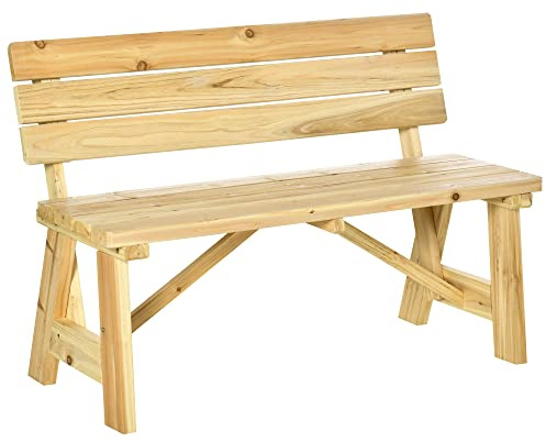 Outsunny 2-Sitzer Gartenbank Holz, Wetterfest 116 x 56 x 80 cm, Naturholz | Sitzbank, UV-Beständig, Rückenlehnen, Parkbank 220kg Belastbar, Balkonbank, Holzbank Outdoor Balkon Terrasse Garten