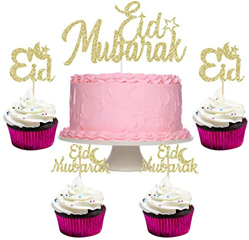 Gold Glitter Eid Mubarak Cake Topper and Cupcake Toppers for Mubarak Party Decor