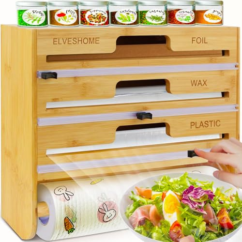 Folien- und Kunststoff-Folienspender, 5-in-1 Kunststoff-Organizer mit Schneider, für Wachspapier, Pergament, Aluminiumfolie, Bambus-Papierhandtuchhalter, Wandmontage für Küchenorganisation