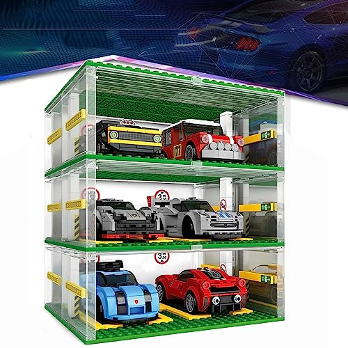 Building Blocks Garage DIY 3-Layer Display Case Car Parking Garage for Lego Speed Champions Carport Compatible with Lego Building Blocks Cars (without Cars)
