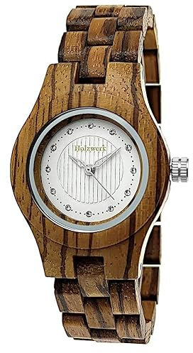 Holzwerk Germany Handgefertigte Moderne Mode Designer Damen-Uhr Öko Natur Holz-Uhr Braun Weiß Zifferblatt Strass besetzt Armband-Uhr Analog Klassisch Quarz-Uhr (Braun..)