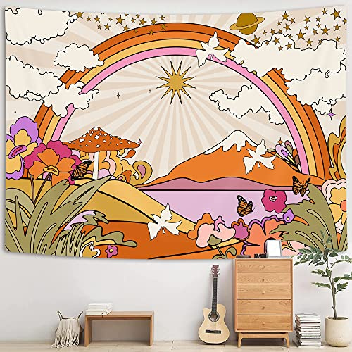 YISUMEI Vintage Groovy Wandteppich Retro-Blumen Wolken Sonne und Regenbogen Wandbehang orangefarbener Boho Hippie PsychedelicTapisserie für Schlafzimmer, Wohnzimmer, Wohnheim-Dekor(L/150x200cm)