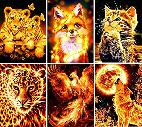 Clendo 6 Set Tiere Diamond Painting Erwachsene,DIY Diamond Painting Katze,5D Diamond Painting Wolf,Fuchs Diamant Painting Bilder,Diamanten Painting Bilder Erwachsene für Home Wall Decor 12''×16''
