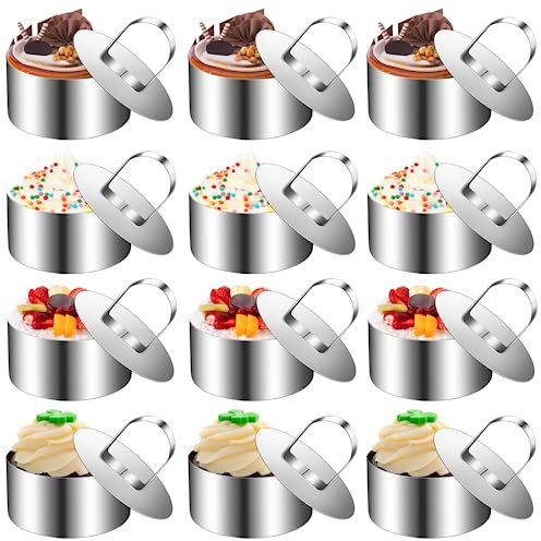 Mkitnvy 12 Pezzi Coppapasta, 8cm Coppapasta Tondi in Acciaio Inossidabile con Coperchio, Anelli per Torte, Stampi Coppa Pasta di Acciaio per DIY Mousse Torte Dessert