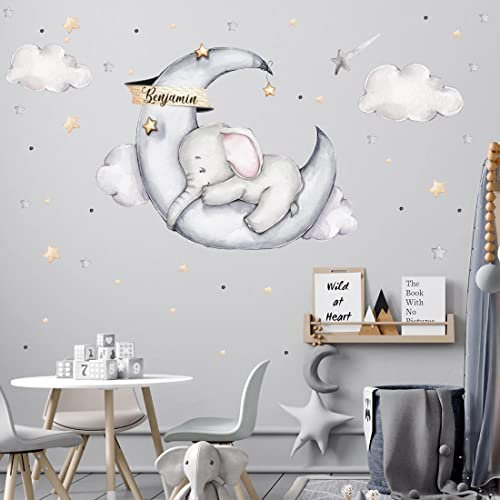 WANDKIND Elefant auf dem Mond mit Wunschname V329 Wandtattoo Kinderzimmer | handgezeichnet | AUFKLEBER Kindergarten | Wandsticker Babyzimmer, Kinderzimmer Elefant, Mond, Wolke, Sterne (120 x 120 cm)