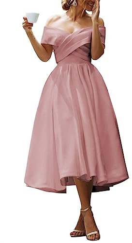 Robes de bal pour femmes, robe de soirée en satin avec épaules dénudées, robe de mariée, robe d'invitée de mariage avec poches, rose poudré, 42