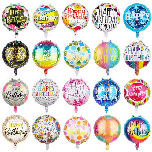 100 Pcs Happy Birthday Aluminum Foil Balloons for Birthday Party Decoration Supplies, 18 Inches Round Helium Floating Mylar Balloon (20 Patterns)