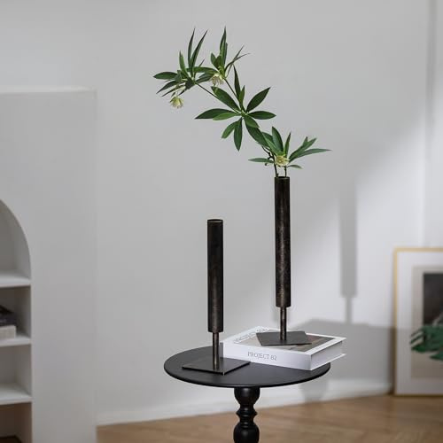 Sziqiqi Schwarze Vase Groß Metall: 39.5/35cm Hohe Moderne Blumenvase Set of 2 - Große Single Stem Vase für Pampas Zweige - Minimalistische Vasen für Tisch Wohnzimmer