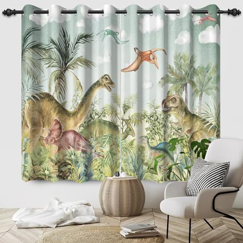 SDOTPMT 117x138cm Jurassic Tier Fenster Vorhang Ancient Wildlife Dinosaurier Druck Fenster Vorhänge Ursprüngliche Wald Fenster Behandlung für Kinder Schlafzimmer Dekor Verdunkelung Vorhänge,2 Platten