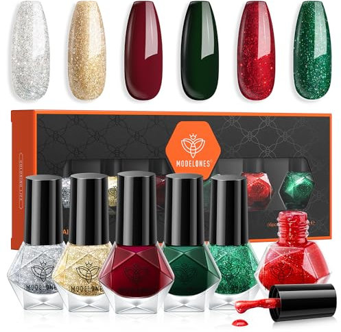 Modelones Nail Polish Set 6 Colors Christmas Red Green Glitter Nail Varnish Quick Dry Gold Silver Nail Polish Manicure DIY Nail Art Salon Home For Women