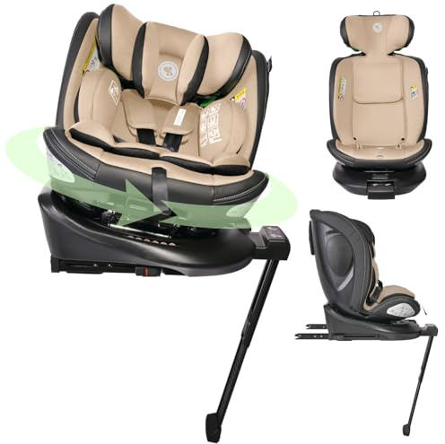 Lorelli Auto Kindersitz Estate mit Isofix Basis und Stützbein, 360 Grad drehbar, 0-36kg Mitwachsender Autositz i-Size 40-150cm, Babysitz ab Geburt, 5-Punkt-Gurt, Einstellbare Kopfstütze, beige