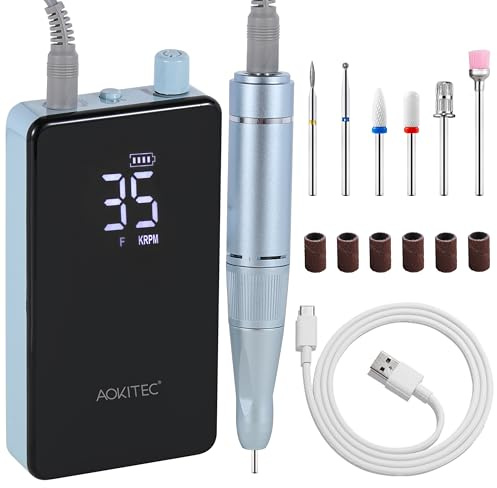Aokitec Elektrische Nagelfeile - 35000 U/min Wiederaufladbare Nagelfräser für Gelnägel mit Nail Drill Bits Schleifbändern zum Entfernen von Acryl-/Gelnägel, Maniküre-/Pediküre-Set, Blau
