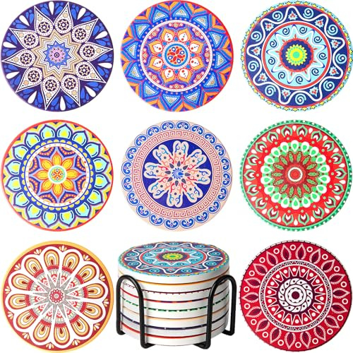 Drink Coasters with Holder Set of 8 Ceramic Boho Mandala Coasters for Drinks Absorbent Stone with Cork Base Colorful Decor for Coffee Beer Mugs Glasses Cups Housewarming Table Desk Protection