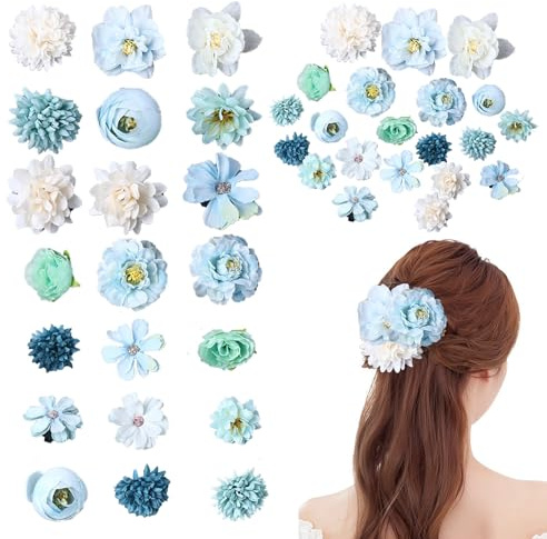 Fermaglio per capelli a fiori, 21 pezzi, multicolore, con fiori artificiali, per feste, spiaggia, matrimoni, decorazioni per eventi (blu nebbia)