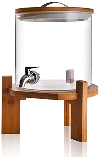 Dispensador de agua de vidrio de acero inoxidable con soporte de madera de bambú, dispensador clásico de bebidas hermético de vidrio de borosilicato
