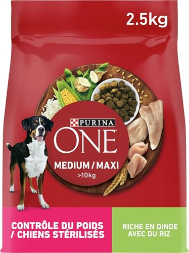 PURINA ONE Medium/Maxi >10kg | Contrôle du Poids Chiens Stérilisés| Croquettes Riches en Dinde pour Chiens | Adultes | Sac de 2,5 Kg (Lot de 5)