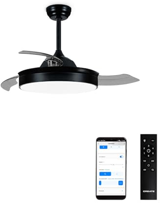 CREATE / WIND CLEAR M/Ventilador de techo con luz negro con mando y Wifi / 40W, Ø108 cm, temporizador, 6 velocidades, aspas retráctiles, 3 temperaturas de luz, función verano-invierno