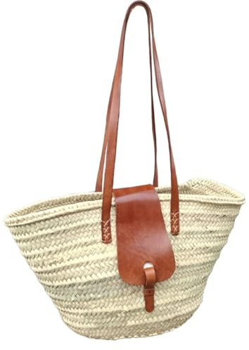 Ibiza Korbtasche Solana modern aus Palmblatt und Leder in Natur 50 cm