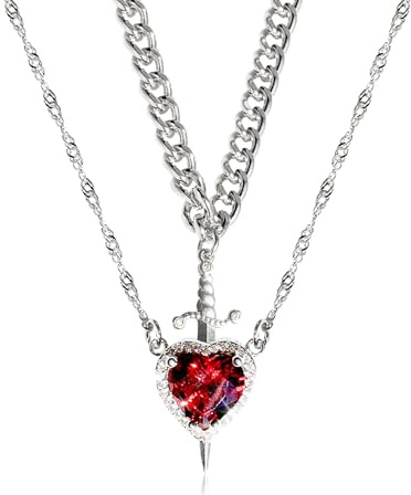 GAUEIOUR Collar con colgante de espada de corazón doble en capas de plata para parejas, amistad, cadena vintage de circonita, para mujer y hombre, regalo de joyería