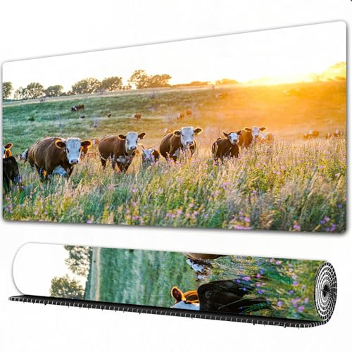 FEHWI Mauspad 90×40 cm Verlängertes großes Mauspad Schreibtischauflage,Vieh Kuh Nebraska Hereford Rinder Sonnenuntergang Natur Landschaft Parks Ba,genähte Kanten Gaming Mauspad,rutschfeste Gummibasis