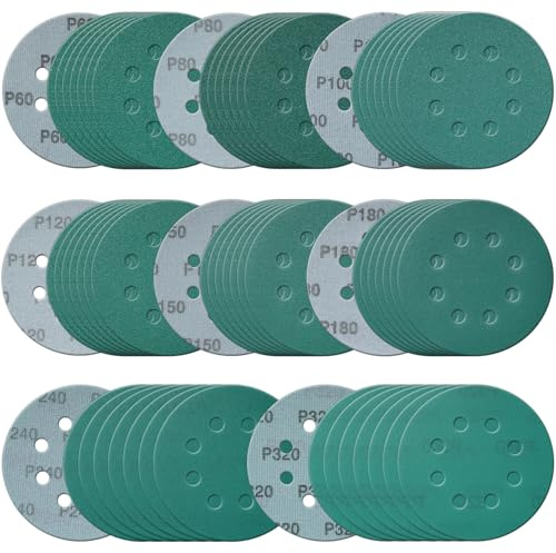 5 Inch 8 Hole 80 Pcs Sanding Discs Set Heavy-Duty Hook and Loop 60 80 100 120 150 180 240 320 Grit Polyester Green Film Backed Sandpaper Wet Dry Sanding Disc for Random Orbital Sander