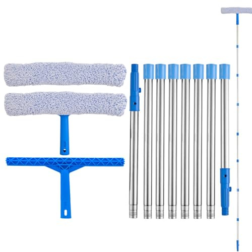 YHNDECO Kit de herramientas limpiadoras de ventanas de 3 m, kit de limpieza de ventanas largo con escobilla de lavado de ventanas de 13 pulgadas y equipo de limpieza para el hogar, vidrio de ducha