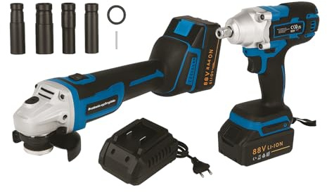 Kit 2 in 1 Set Avvitatore a Impulsi 88V + Smerigliatrice Angolare a Batteria, 2 Batterie al Litio, Caricatore, Bussole, Kit Elettroutensili per Lavori di Casa e Officina