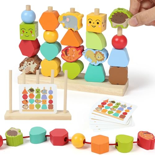 AOOTE Apilar y Enhebrar de Madera, Montessori Juegos Apilables,Educativos GeoméTricas Colores Clasificar Bloques,Juegos Educativos Niños 2 3 4 Años,Motricidad Fina