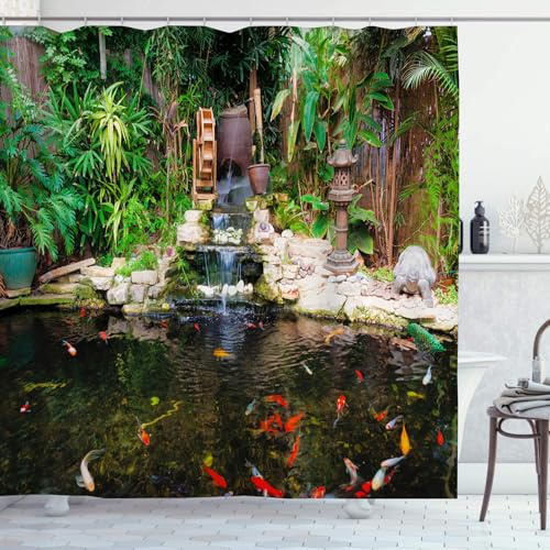 OCEUMACO Garden Shower Curtain Outdoor for Wet Room Outside Fence Extra Wide Fabric 3D Green Leaves Pond with Water Fountain Fish Scenery Bathroom Curtains 240 x 200 cm Anti Mould Waterproof