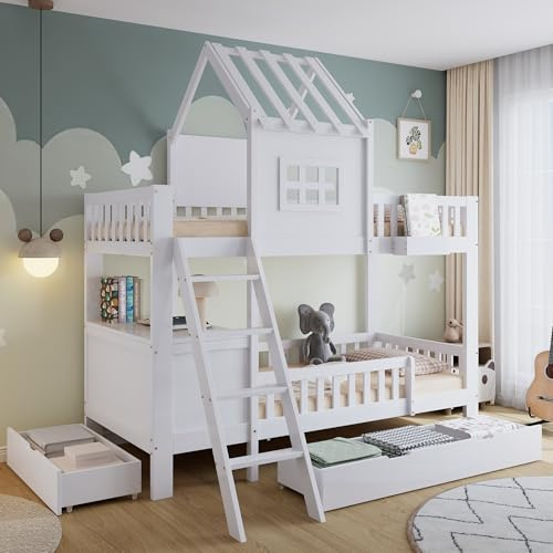 Etagenbett 90x200 cm mit Schubladen Stauraum Hausbett mit Dach Fenster Hochbett mit Lesetisch Ablagekorb Einzelbett Kiefer + MDF + Sperrholz Gästebett Ohne Matratze Weiß