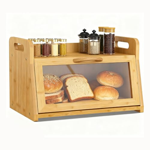 BAMBANG Bread Bin Wooden for Kitchen,Small Bread Box Bamboo With Top Handles Edge Guardrails Natural