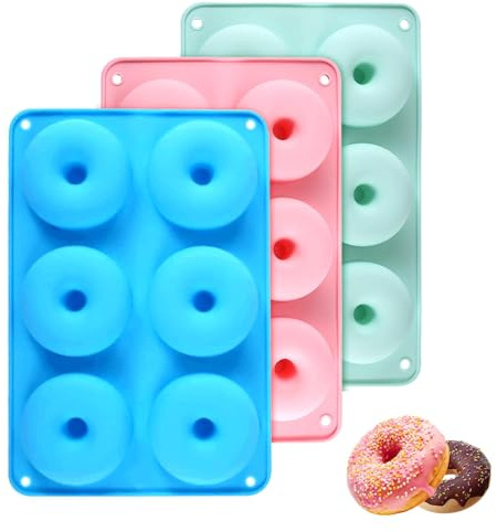 Haluway Silicone Doughnut Moulds,3 Pack Non-Stick Donut Tray,Large 6 Cavity Donut Pan,Bagel & Cupcake Maker-Blue,Red,Green