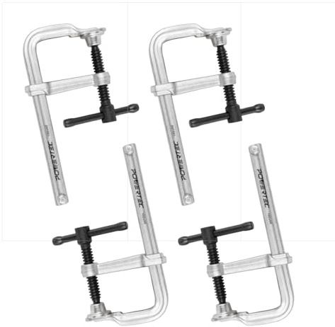 POWERTEC 71598-P2 4 Inch Heavy Duty F Clamp, 4-3/16 Inch x 2-3/8 Inch Throat F Style Bar Clamps for Woodworking, 480 lb Capacity Each – 4 Pack