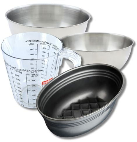 Zenker 9375050 Set pâtisserie Moule à Pain Ovale 26 cm Fond Quadrillé, Antiadhésif Teflon, Brioches, 2 Bols à Mixer en Acier Inox 20,5 et 25 cm, Verre Mesureur Plastique 1 L, Spatule Silicone, Noir