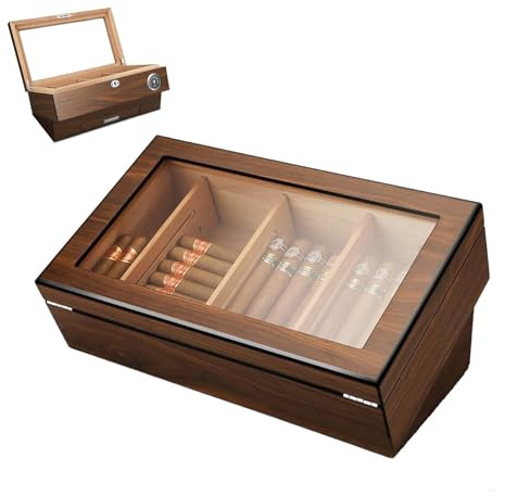Cigarrfodral, cigarrförvaringslåda, resehumidor, 1 st med digital hygrometer, perspektivfönsterdesign, skiljeväggar, rymmer upp till 50