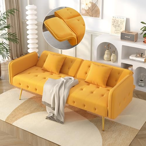 Merax 2-Sitzer Sofabett mit Bettfunktion, Verstellbarer 3-Stufen-Rückenlehne & 6-Stufen-Armlehnen, modernes Faltsofa, Hochdichteschaum, Holzrahmen, platzsparend für Wohnzimmer, Veloursbezug, Gelb