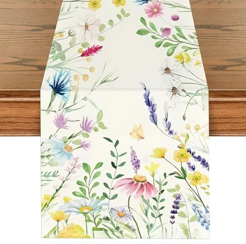 Spring Decorations - 183x33 cm Spring Floral Table Runner, Daisy Eucalyptus Leaves Lavender Linen Fabric Table Runner, Washable Reusable, Perfect for Dining Table Home Kitchen Party Decorations