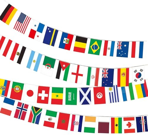 Zueyen Cadena de banderines de 42 países del Mundo 2026, 13 m, guirnalda decorativa de fútbol, cadena internacional para eventos deportivos y bares, 14 x 21 cm