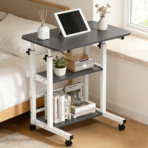 Verdego Höhenverstellbarer Schreibtisch, Beistelltisch mit Rollen, 2 Ablagen, PC Tisch 40 x 60 x 56-82cm, Platzsparender, Kleiner Mobiler Computertisch für Home Office, Sofa, Bett (Schwarz)